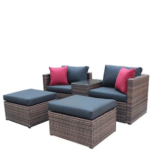 Brown 5-Piece Wicker Outdoor Sectional Sofa Set Patio Conversation Set with Black Cushions, Pillows And Cover