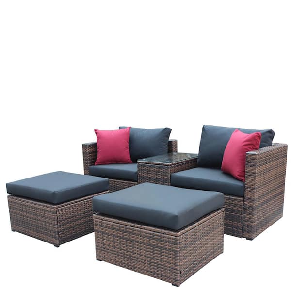 Unbranded Brown 5-Piece Wicker Outdoor Sectional Sofa Set Patio Conversation Set with Black Cushions, Pillows And Cover