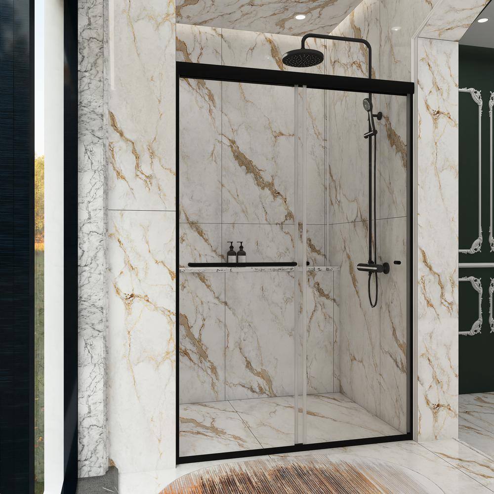 48'' Matte Black Semi-Frameless Sliding Shower Door with Clear Glass