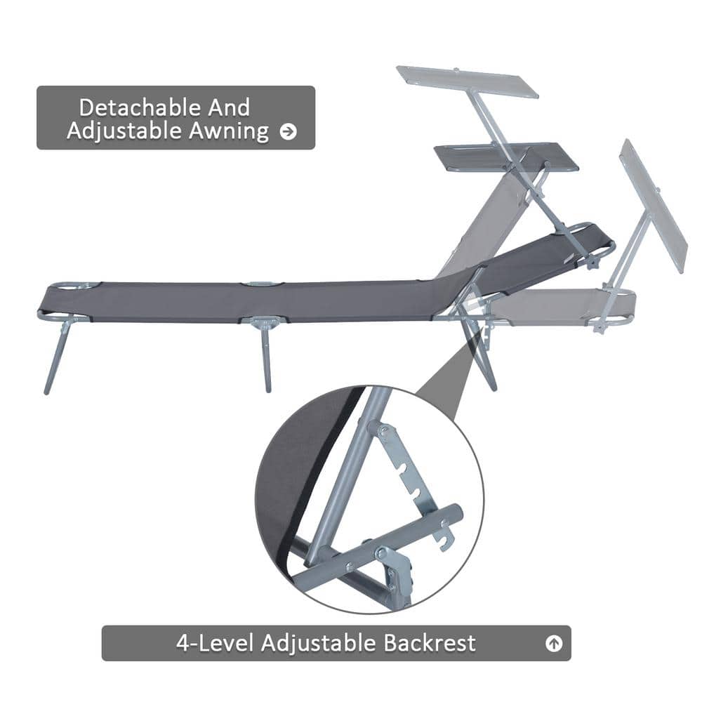 Gray Adjustable Steel Frame Outdoor Lounge Chair with Sun Shade