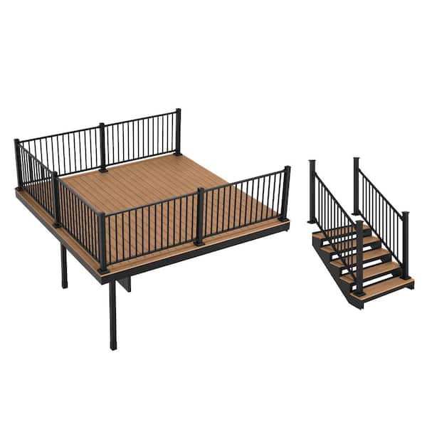 FORTRESS Apex Attached 12 ft. x 12 ft. Himalayan Cedar PVC Deck Kit and 7-Step Stair Kit with Steel Framing and Aluminum Railing