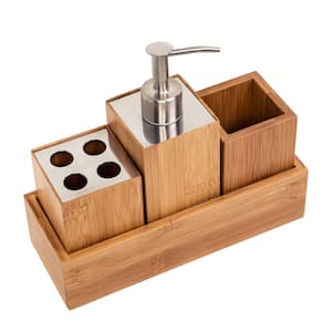 4-Piece Bathroom Set with Toothbrush Holder, Soap Dispenser, Cup, and Tray in Bamboo