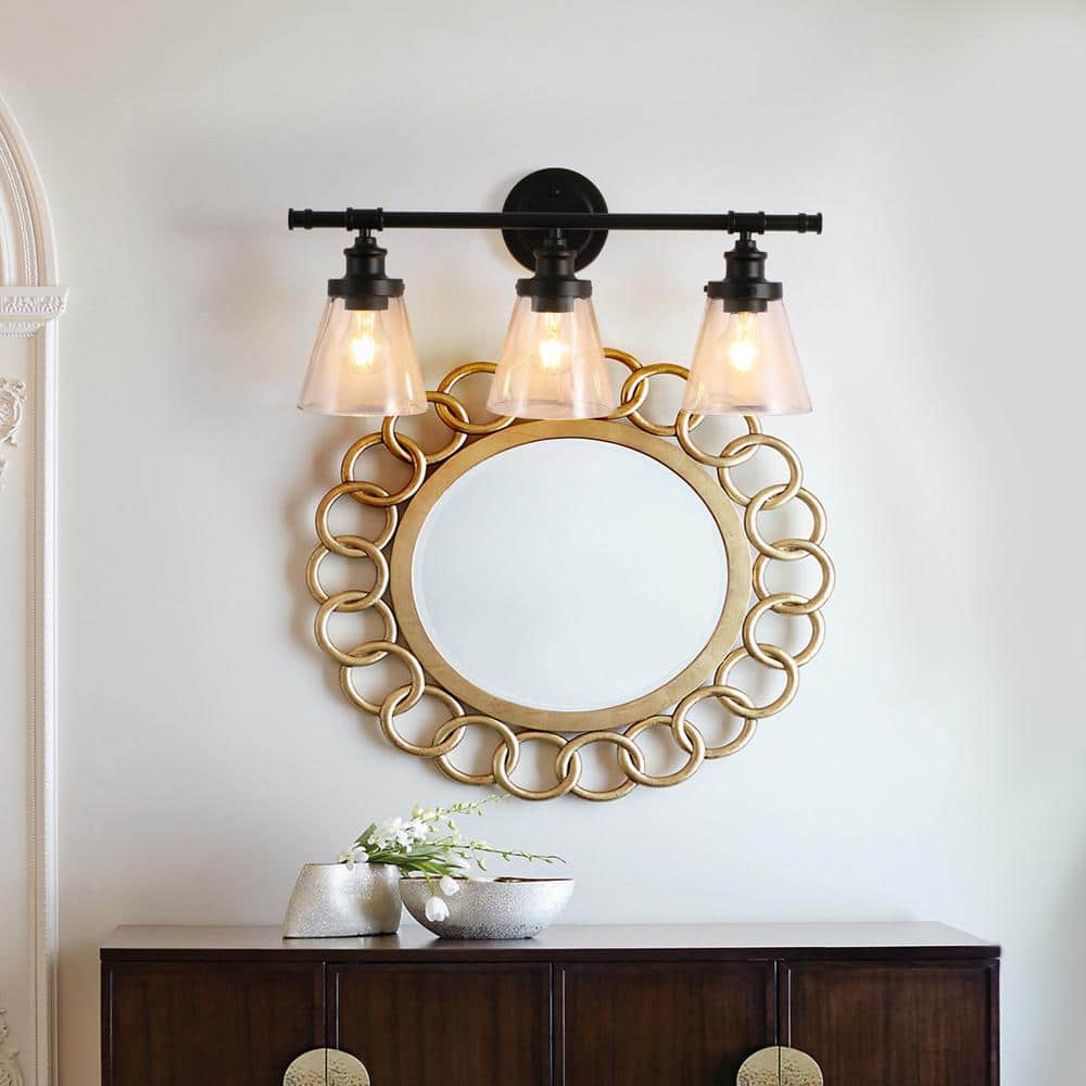 Cedar Hill Industrial Black 3-Light Vanity with Seeded Glass Shades