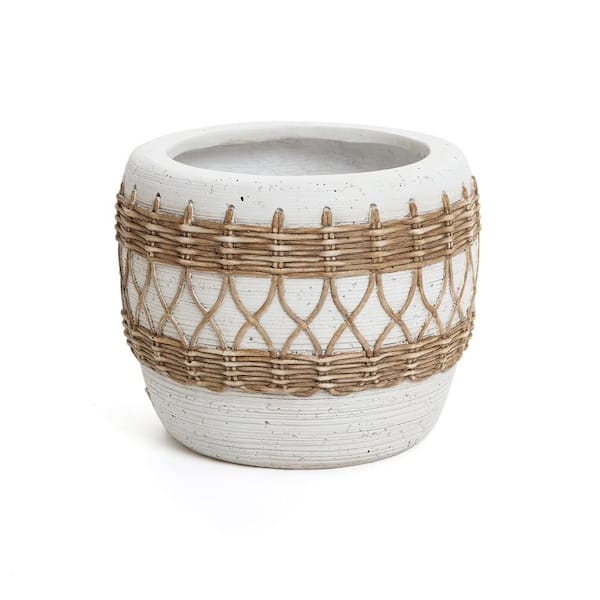 LuxenHome 12.2 in. Boho White and Brown Round Ceramic Floor Planter