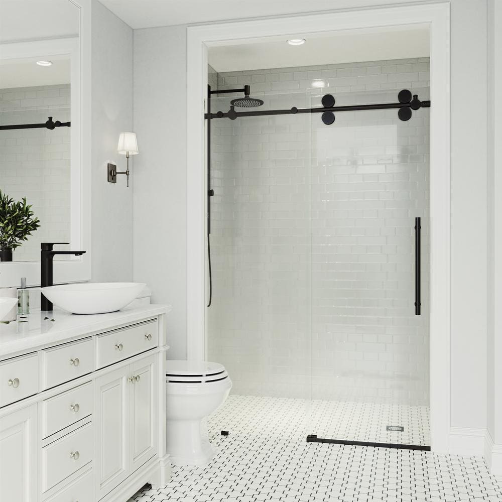 Elan Matte Black Frameless Sliding Shower Door with Clear Glass