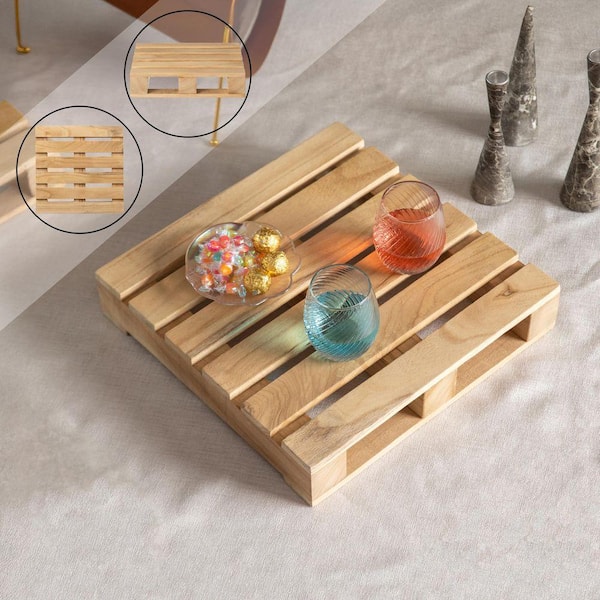 15 in. Rustic Wooden Pallet Display Stand Natural Wood Riser for Home Decor, Centerpiece, Candle or Dessert, Beige