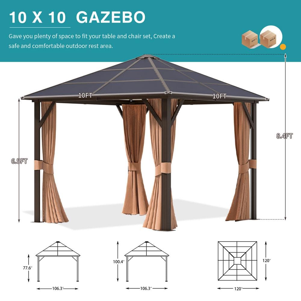Aoxun 10' x 10' Brown Aluminum Gazebo with Curtains and Netting