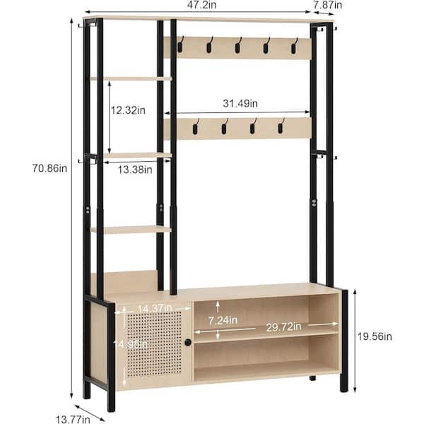 Hall Tree with Bench and Shoe Storage, 5-in-1 Entryway Coat Rack with 9 Hooks, 2-Tier Shelves and Rattan Doors, Beige
