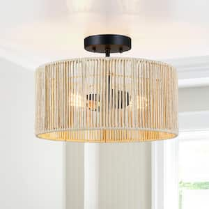 Bohe 14 in. 2-Light Woven Rope Drum Semi-Flush Mount Ceiling Light