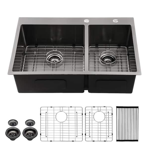 Sarlai 33 in. Top Mount Double Bowl 16 Gauge Gunmetal Black Stainless Steel Round Corner Drop-In Kitchen Sink with Strainers