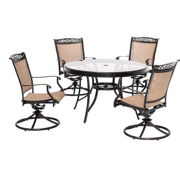Hanover Fontana 5-Piece Aluminum Round Outdoor Dining Set with Swivels and Glass Top Table