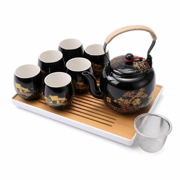 6-Cup Black Japanese Beautiful Asian Porcelain Tea Set with 1 Teapot, 6 Tea Cups, 1 Tea Tray and 1 Stainless Infuser