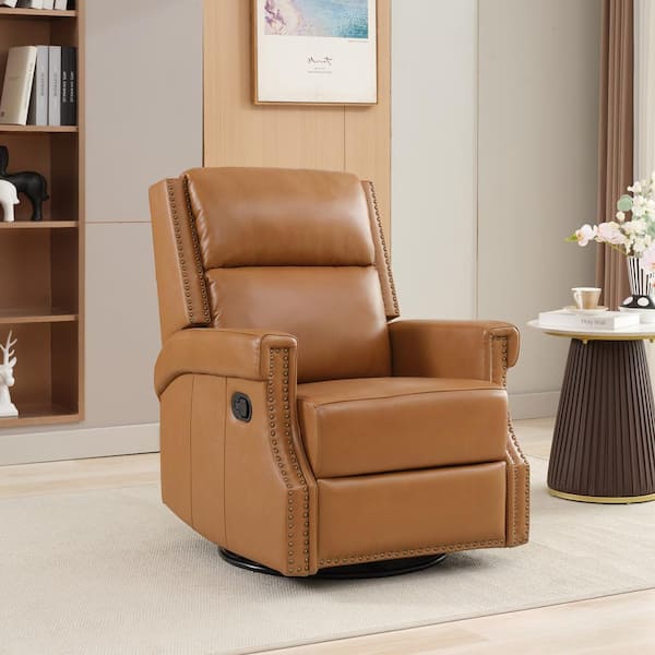 JEAREY Modern Retro Camel Swivel Genuine Leather Recliner with Nailhead Trim