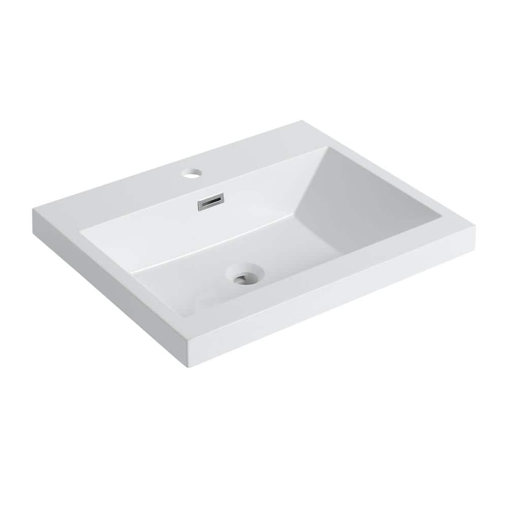 24 in. Flat Corner Bathroom Sink in White Resin with Faucet Hole