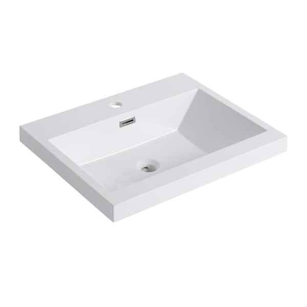 24 in. Flat Corner Bathroom Sink in White Resin with Faucet Hole