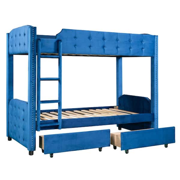 URTR Blue Twin Over Twin Velvet Upholstered Bunk Bed with 2 Drawers, Button-Tufted Headboard and Footboard for Kids, Teens