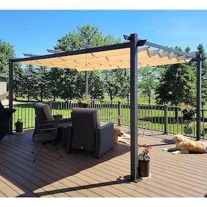 12 ft. x 16 ft. Beige Pergola with Retractable Canopy Aluminum Shelter for Porch Garden Beach Sun Shade