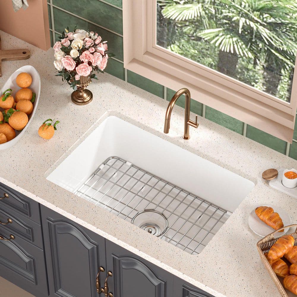 White Fireclay 27" Single Bowl Drop-In Kitchen Sink
