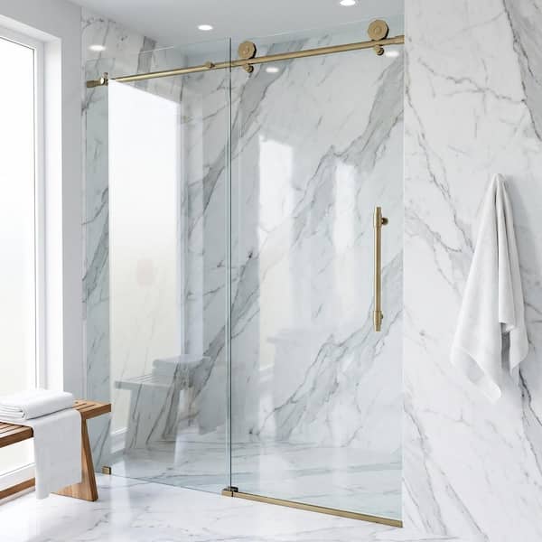Elan Hart 56 to 60 in. W x 76 in. H Sliding Frameless Shower Door in Matte Brushed Gold with 3/8 in. (10mm) Clear Glass