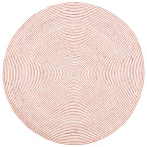 Braided Red Ivory 6 ft. x 6 ft. Abstract Striped Round Area Rug
