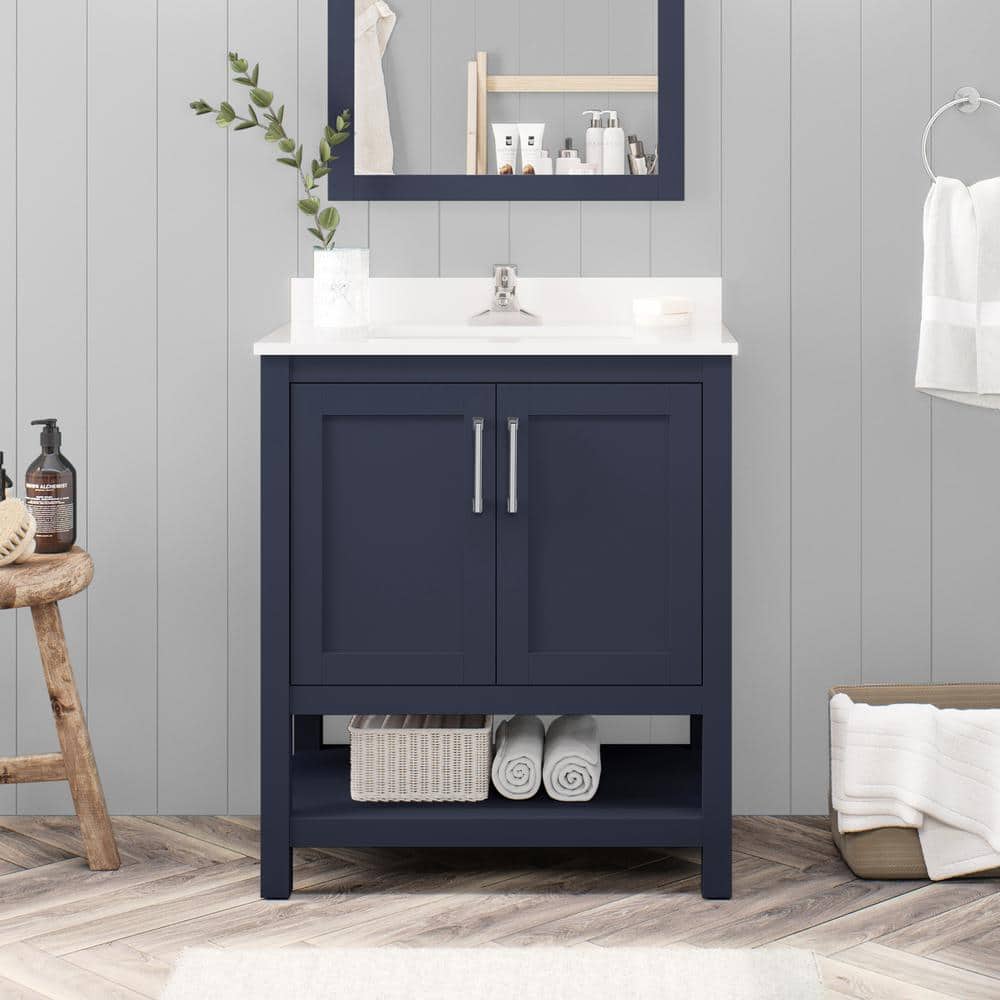 Midnight Blue Freestanding Bathroom Vanity with Marble Top, 30 Inch