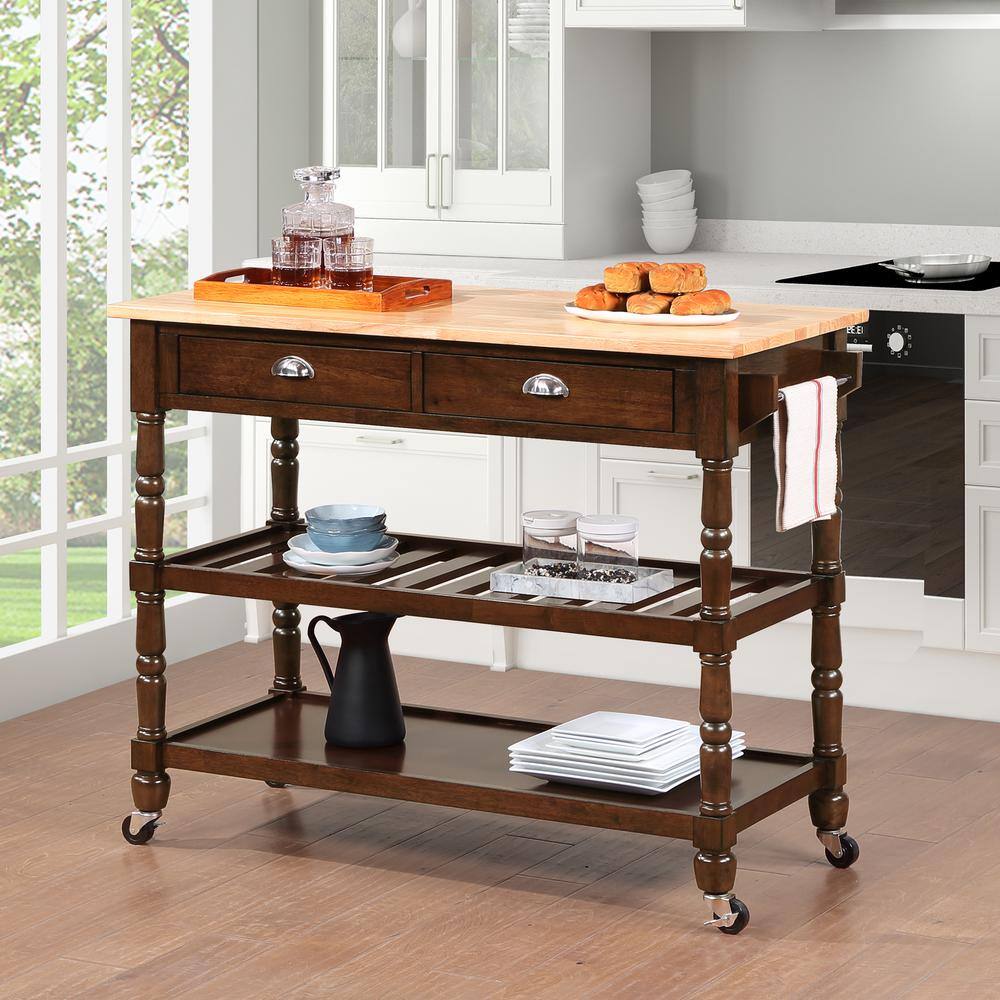 Espresso Solid Wood Butcher Block Kitchen Cart with Wine Rack