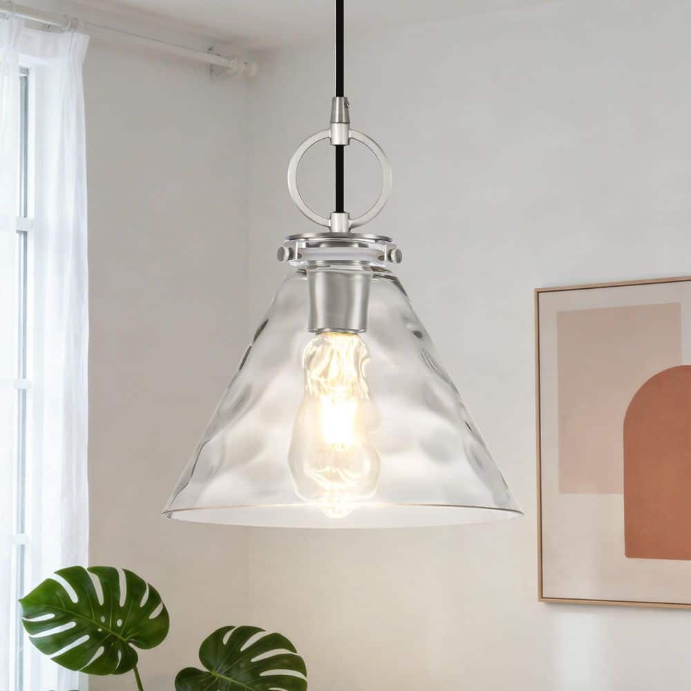 9.05 in. Modern Brushed Nickel Pendant Light for Kitchen Island Clear Hammered Glass Cone Hanging Light with Woven Cord price history on PriceWatchPro