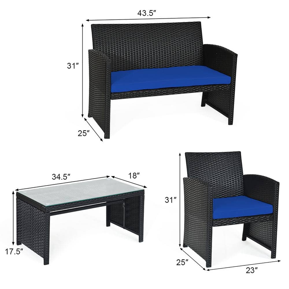 Navy Cushioned 4-Piece Black Rattan Patio Conversation Set