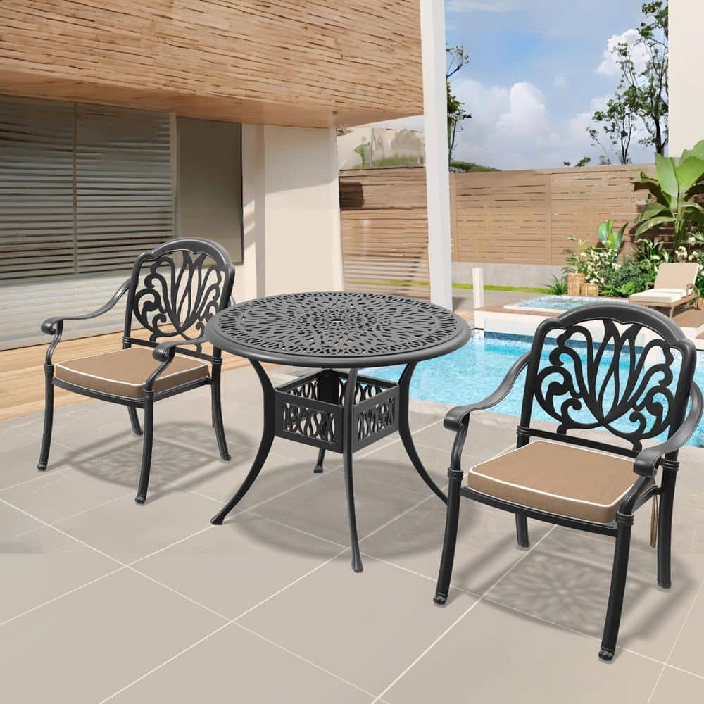 Elizabeth Black 3-Piece Cast Aluminum Outdoor Dining Set with 35.43 in. Round Table and Brown Seat Cushions price history on PriceWatchPro