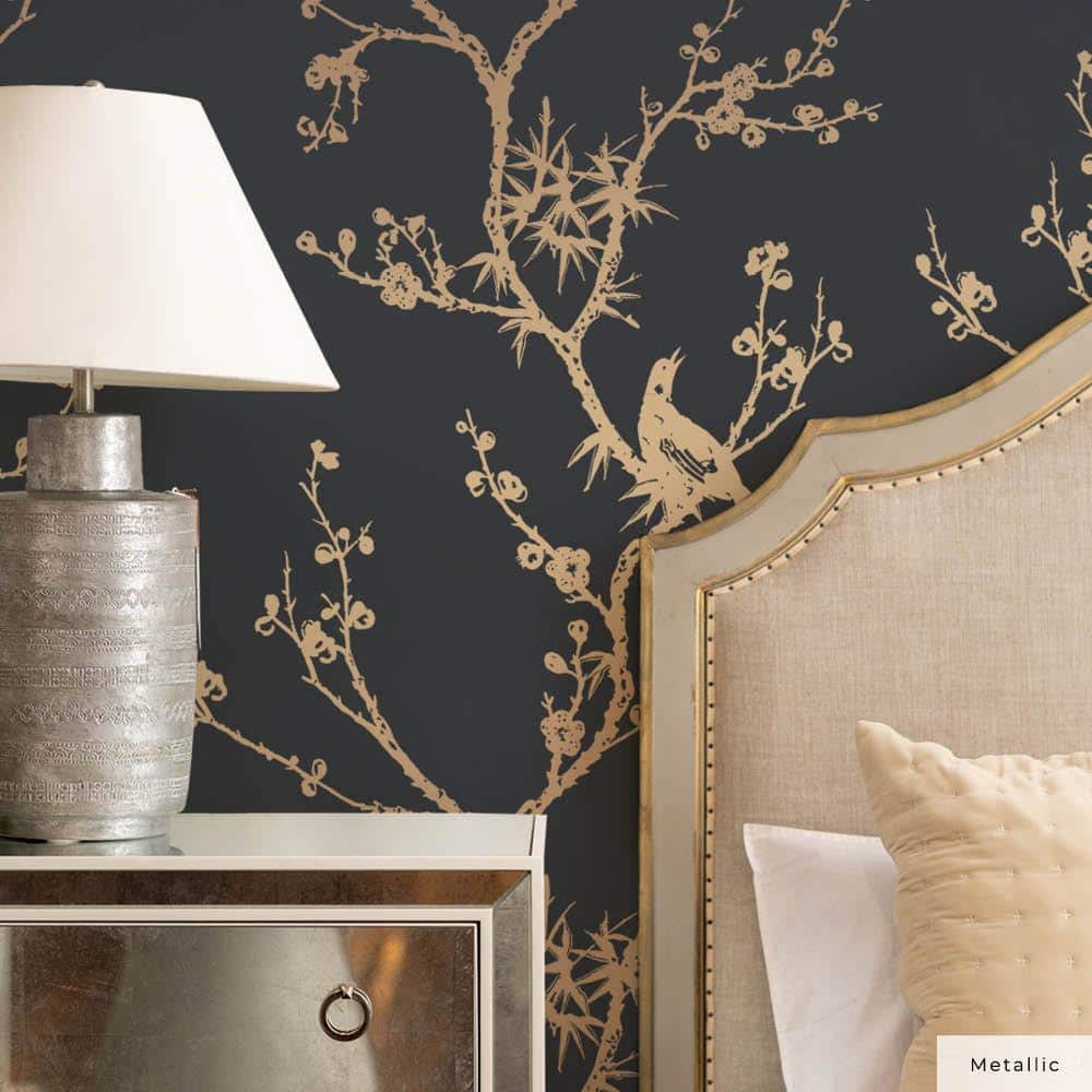 Black and Gold Chinoiserie Bird Peel and Stick Wallpaper
