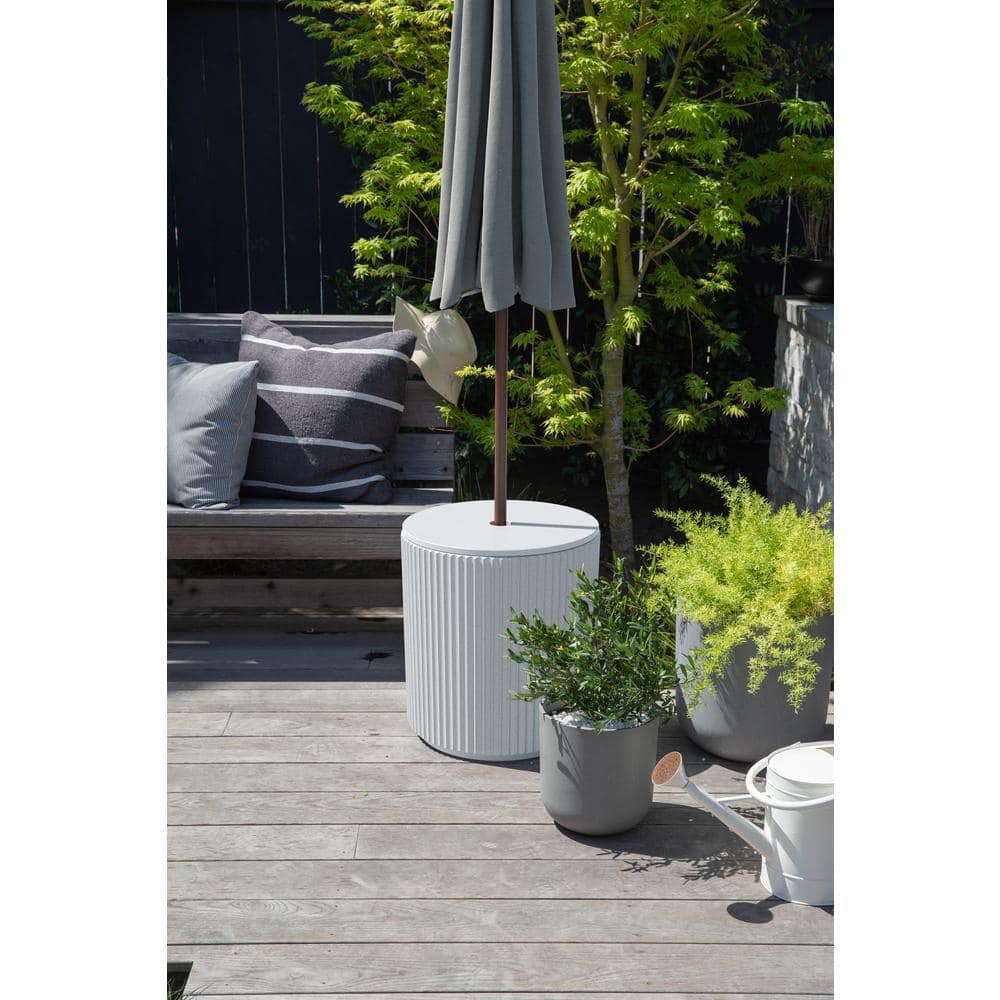 White Concrete-Composite Outdoor Side Table with Umbrella Hole