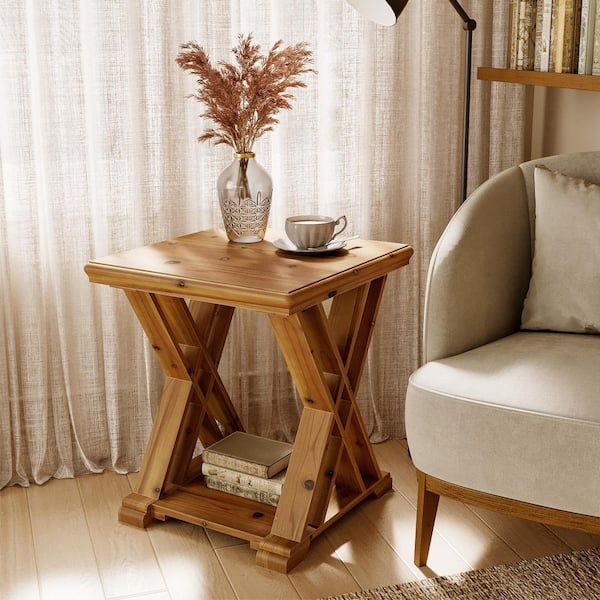 Calvin 19.69 in. Brown Square Solid Wood End Table with Open Shelves
