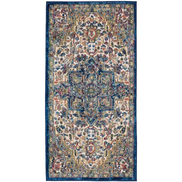 Nourison Ankara Global Ivory Navy 2 ft. x 4 ft. Persian Medallion Traditional Kitchen Runner Area Rug