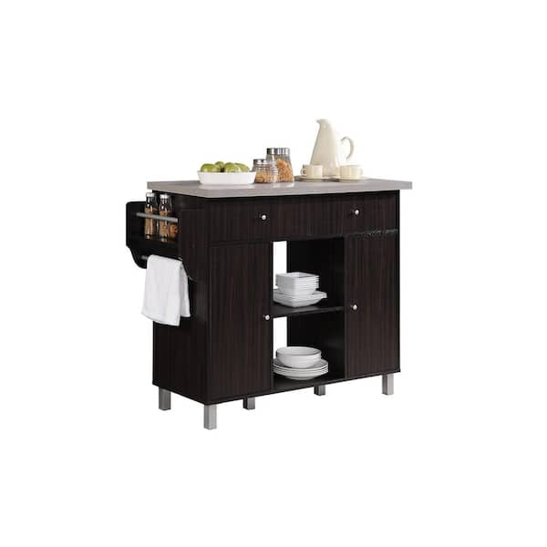 HODEDAH Kitchen Island Chocolate Grey with Spice Rack and Towel Holder