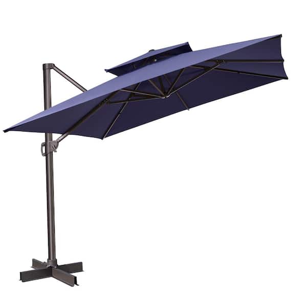 HomeRoots 11 ft. Navy Blue Polyester Square Tilt Cantilever Patio Umbrella with Stand