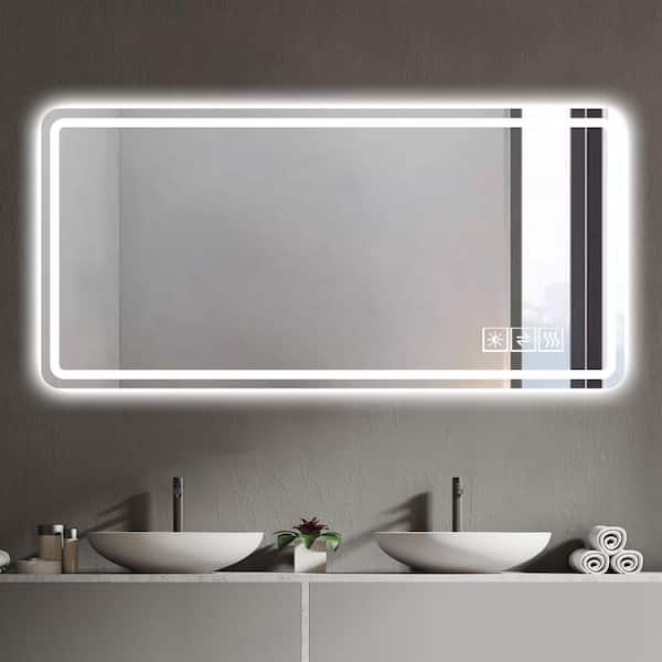 IDEAGLE 60 in. W x 28 in. H Silver Rectangular Frameless Wall Mount LED Bathroom Vanity Mirror with Lights, Memory Function