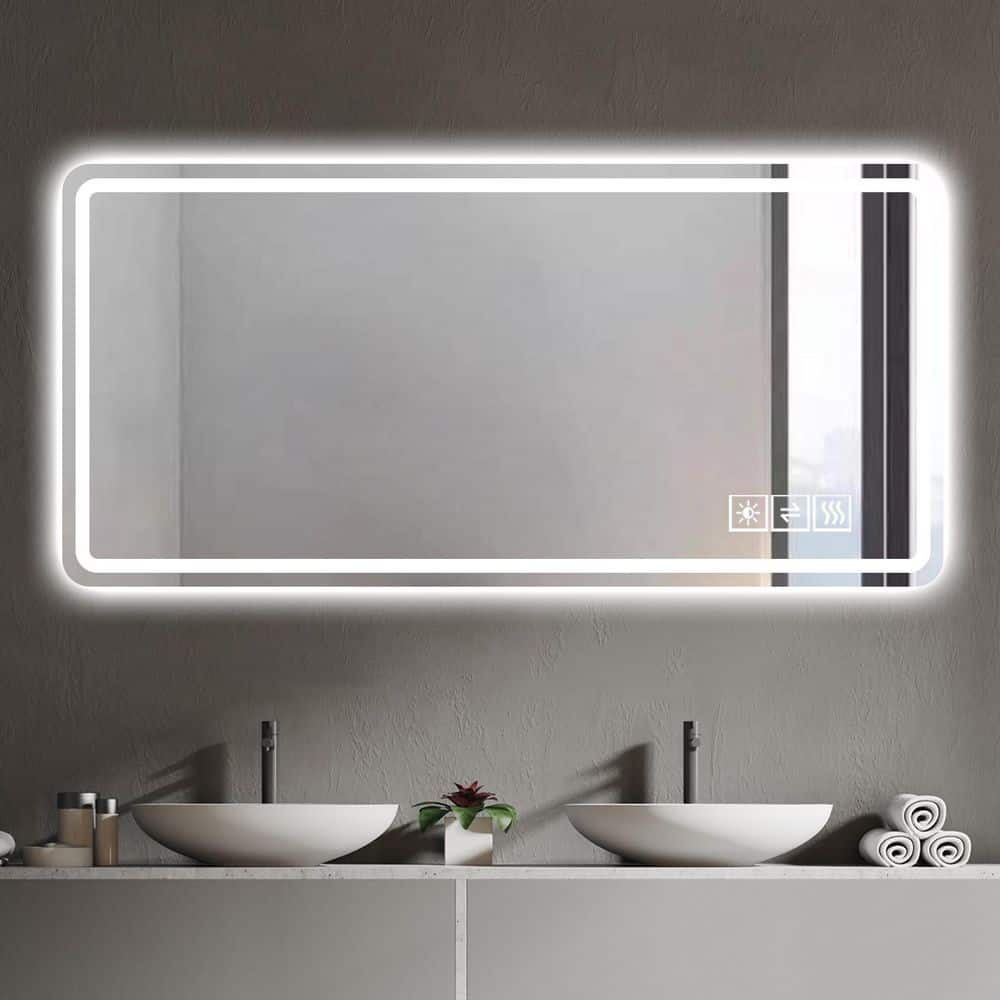 60 in. W x 28 in. H Silver Rectangular Frameless Wall Mount LED Bathroom Va