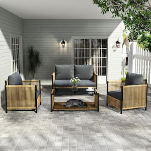 4-Piece Brown PE Wicker Patio Conversation Set with Gray Cushions