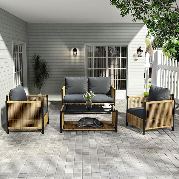 Tenleaf 4-Piece Brown PE Wicker Patio Conversation Set with Gray Cushions
