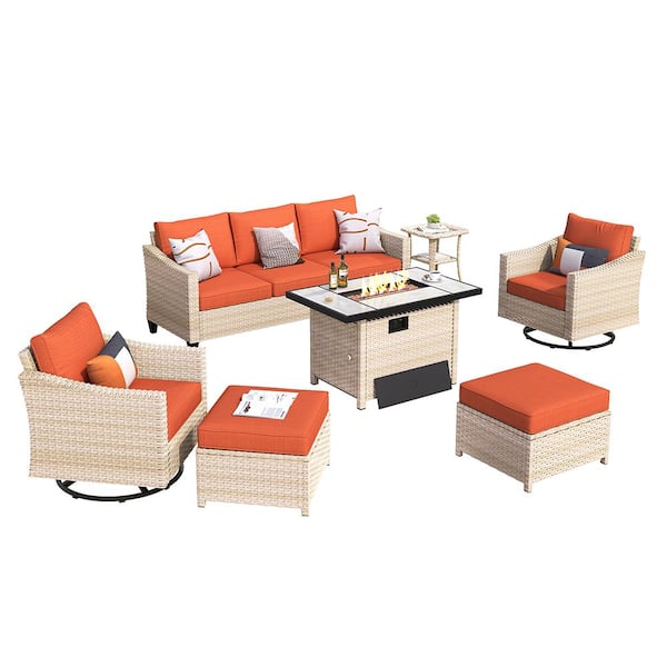 OVIOS Athenie Biege 7-Piece Wicker Patio Rectangle Fire Pit Conversation Set with Orange Red Cushions and Swivel Chairs
