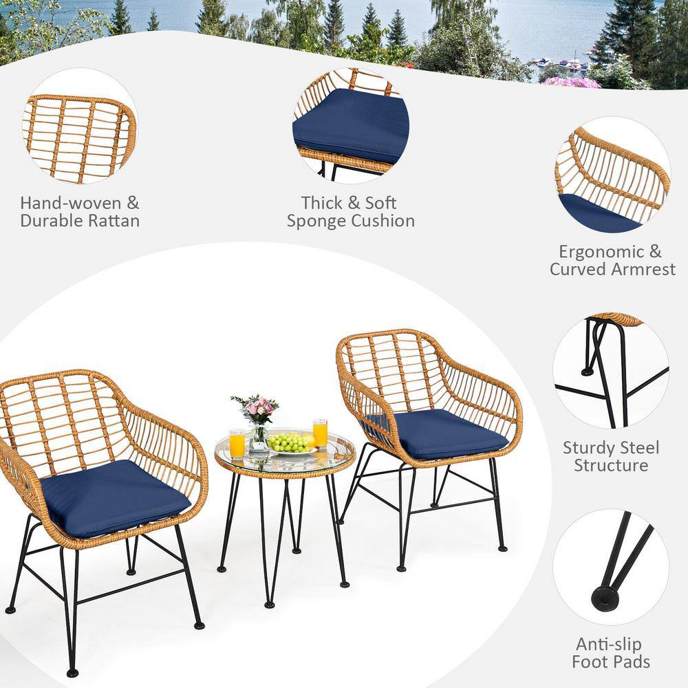 Navy Cushioned Rattan and Steel Outdoor Bistro Set