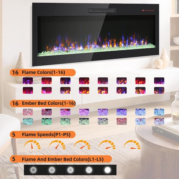 60 in. W x 18.6 in. H Wall Mounted Ultra Electric Fireplace Insert with Remote,Thin Tempered Glass, Multi-Color Flame