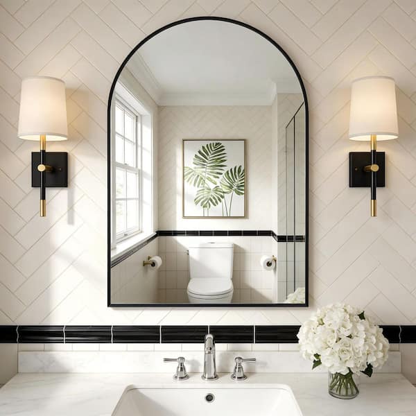 Thi 24 in. W x 32 in. H Modern Arched Aluminum Framed Living Room Wall Mirror Bathroom Vanity Hanging Mirror in Black