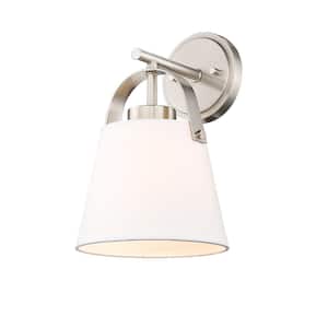 Z-Studio Linen Pendant 8 in. 1 Light Brushed Nickel Wall Sconce Light with Ivory Fabric Shade with No Bulbs Included