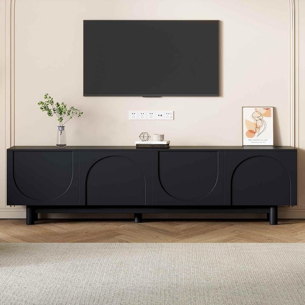 Modern Black TV Stand Fits TV's Up to 78 in. with Arch Cabinets, Solid Wood Legs, Adjustable Shelves