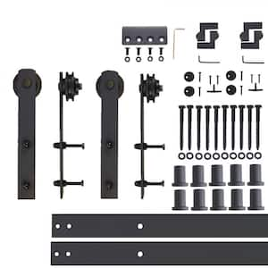 14 ft./168 in. Black Rustic Non-Bypass Sliding Barn Door Hardware Kit Straight Design Roller for Double Doors