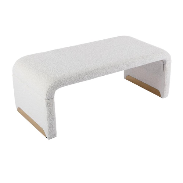 URTR Ivory Boucle Fabric Bedroom Bench Shoe Bench With Gold Metal Legs, Upholstered Ottoman Footstool (16,14 X43,31X19,69)