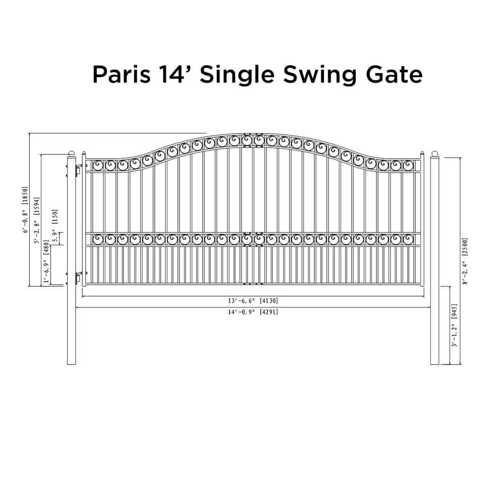 Black Steel Arched Driveway Gate with Ornamental Design