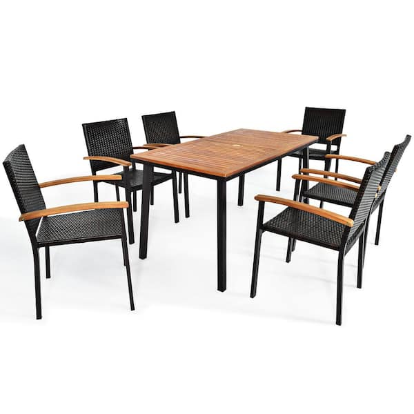 Costway 6 PCS Patio Rattan Dining Set Acacia Wood Table Stackable Outdoor Dining Set with Chair Bench