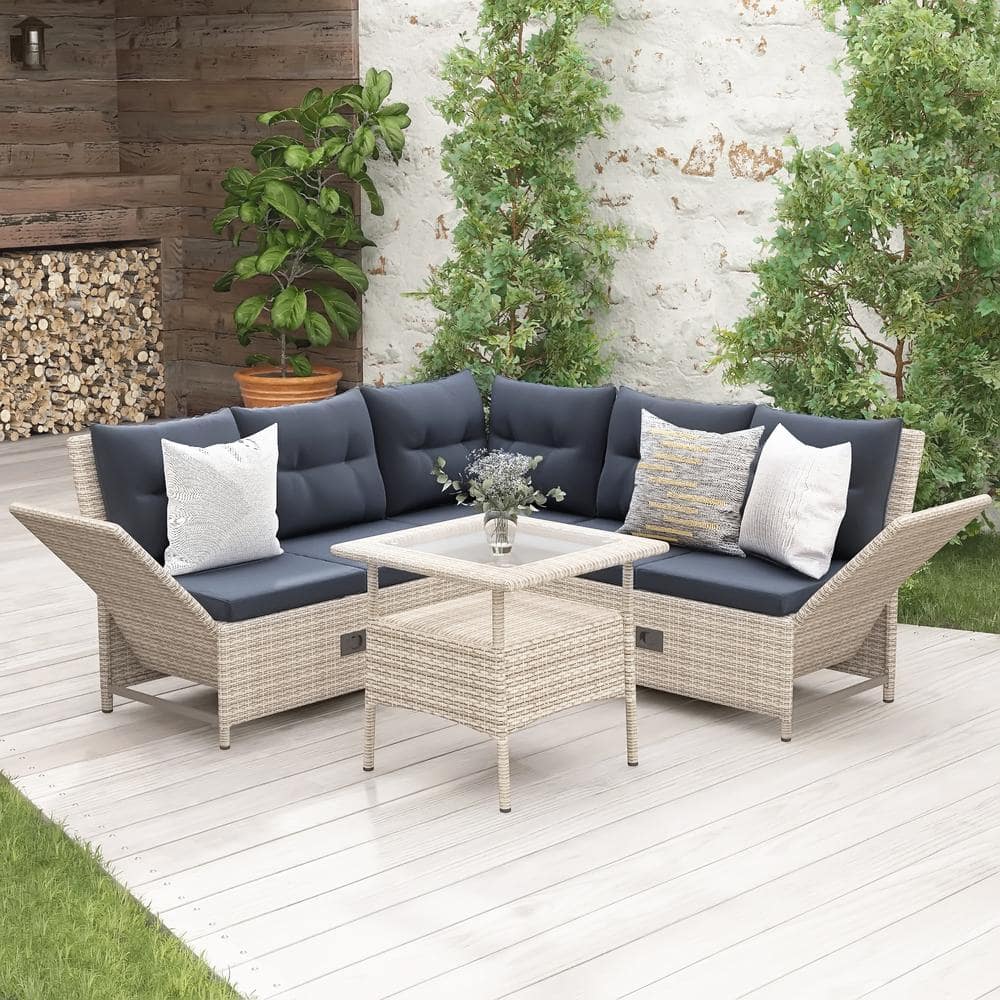 Brown 4-Piece Wicker Outdoor Sectional Set with Gray Cushions and Tempered 